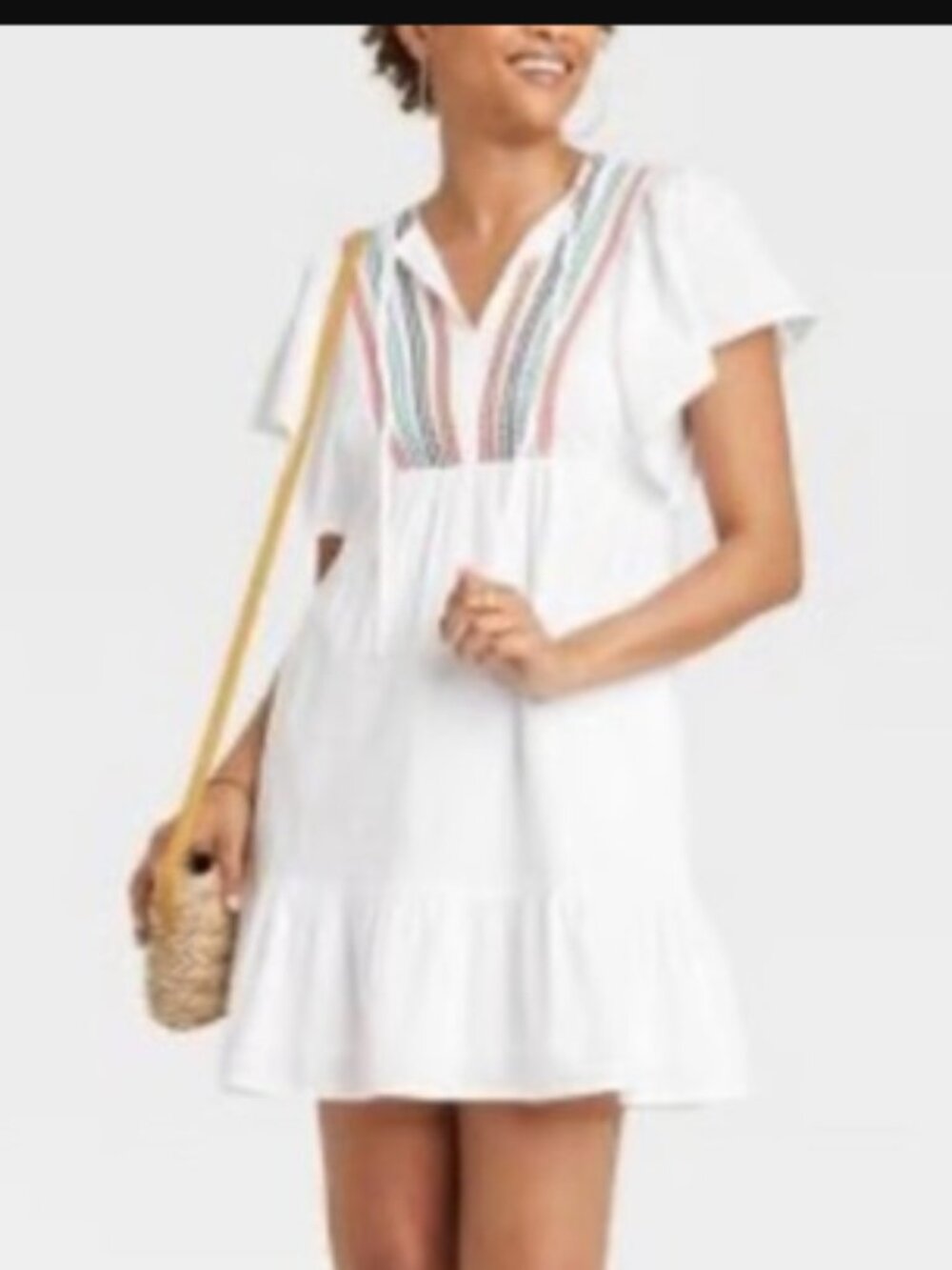 Knox Rose White Boho Ruffles Sleeve Mini Dress Embroidered 100% Cotton Sz M